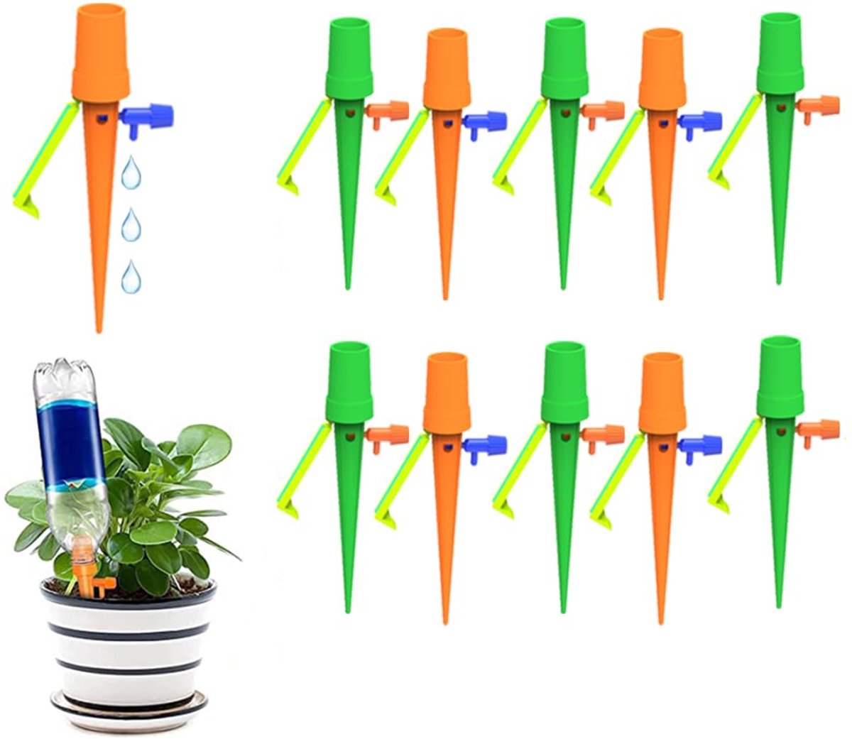 Irrigatiesysteem, 10 stuks, druppelirrigatie, zelfbewaterende plantenirrigatie, automatische irrigatie, met controleventielschakelaar, voor tuin, huis, binnen en buiten