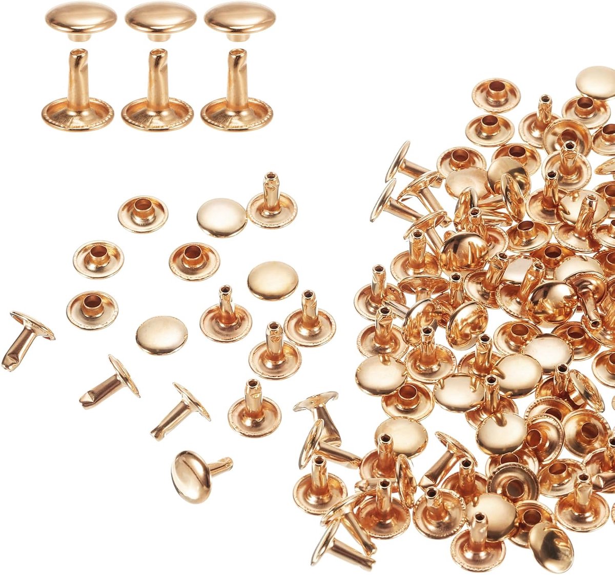 100 sets klinknagels met dubbele deksel, 10 x 10 mm, koolstofstaal, ronde kop, buisvormig, voor reparaties en decoratie van lederhandwerk, lichtgoud