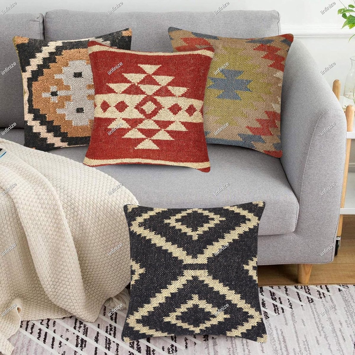 Kussenhoezen 45x45 cm - Wol-Jute - Handgemaakt kilim design - Stijlvolle decoratie - SnelShoppen