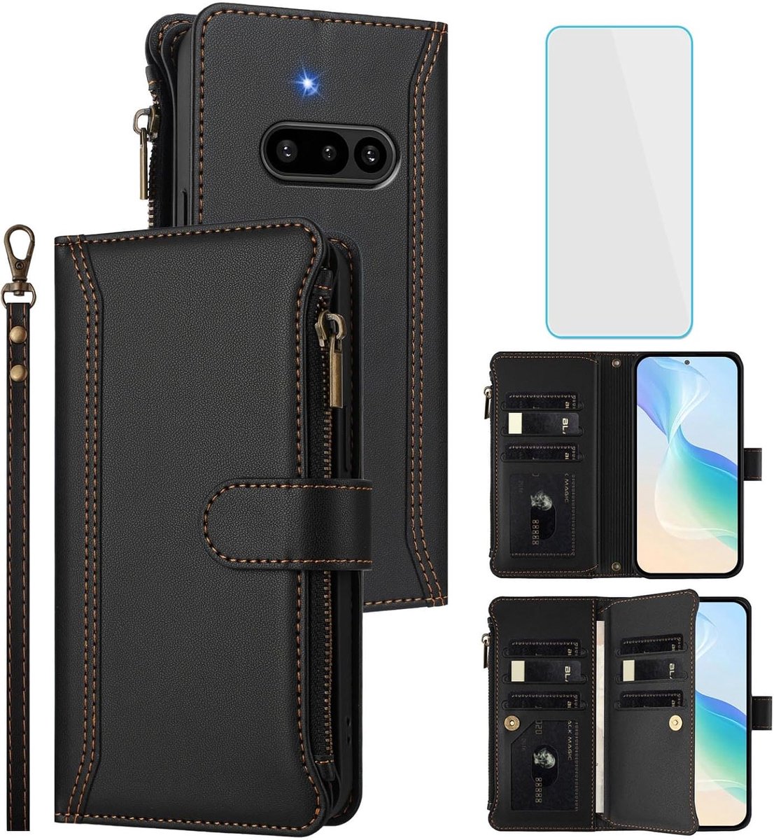 Hoesje voor Nothing Phone 3a 5G Hoes Zwart | met Screen Protector,[9 Kaarthouder],Rits Portemonnee Cover Case,Flip TelefoonHoesje voor Nothing Phone3a