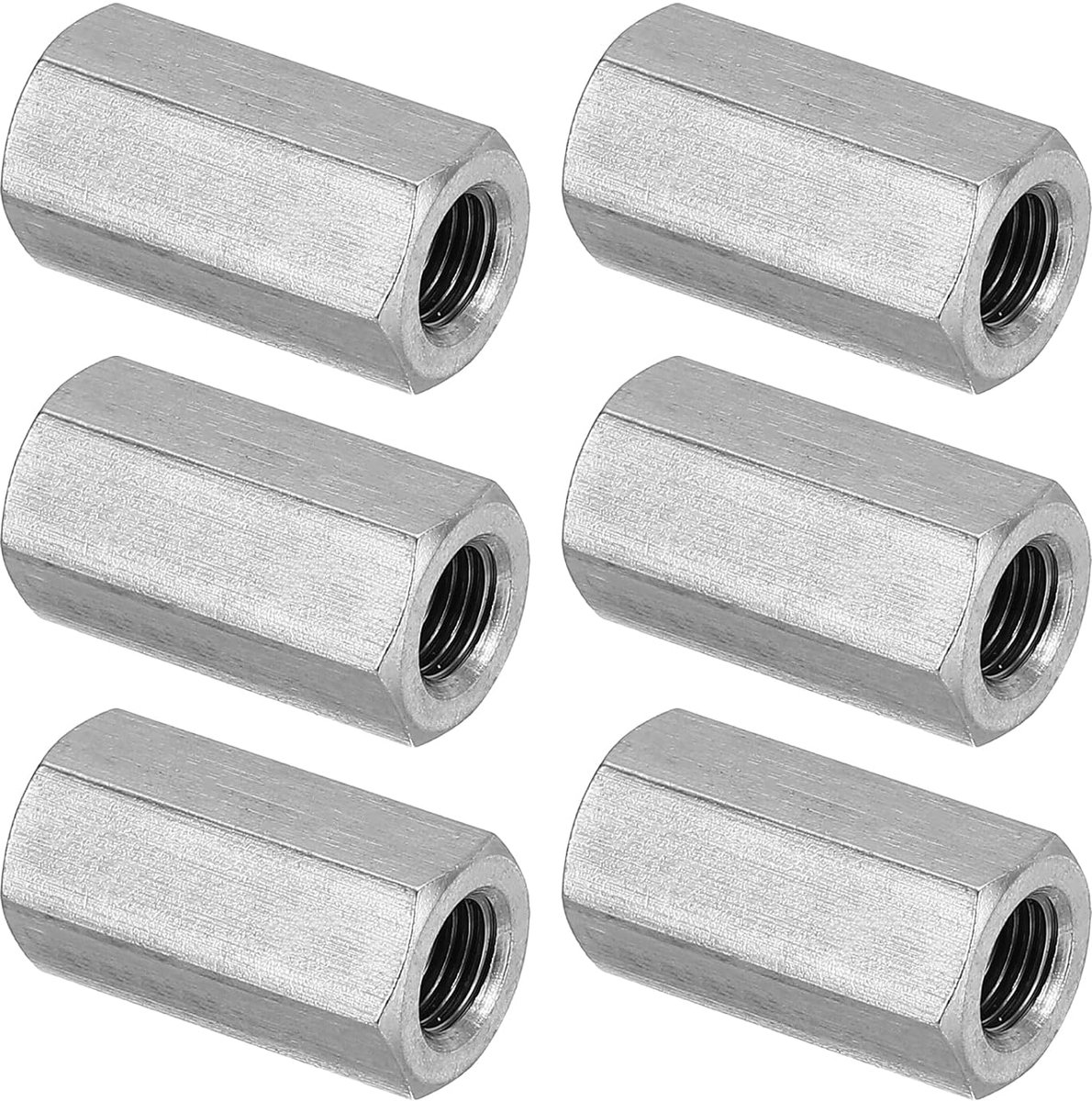 M8 x 1-pitch 304 roestvrij stalen zeskantige koppelingsmoeren, 6 stuks 25 mm lengte volledige schroefdraad stangkoppelingsmoer verbindingselementen, zilverkleurig