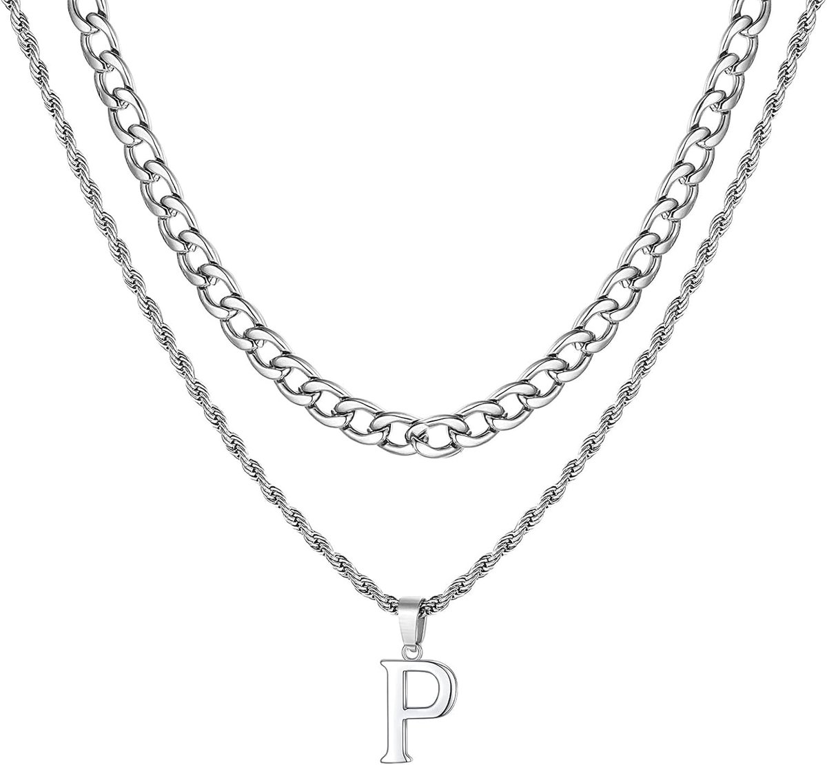Kettingen voor Mannen, A-Z Letter Ketting 316l Rvs Cubaanse Link Chain Gelaagde Alfabe Hanger Ketting voor Vriendje Liefhebber Valentijnsdag Gift