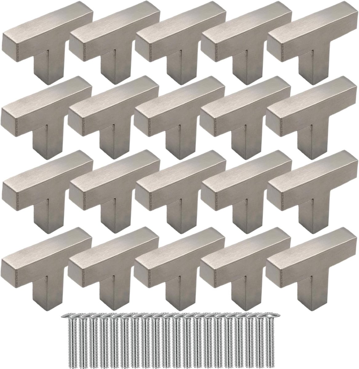 20 stuks meubelgrepen van roestvrij staal, T-deurknop, meubelgreep, 1 gat, ladeknoppen, zilver, vierkante knoppen met schroeven voor laden, kasten, commode