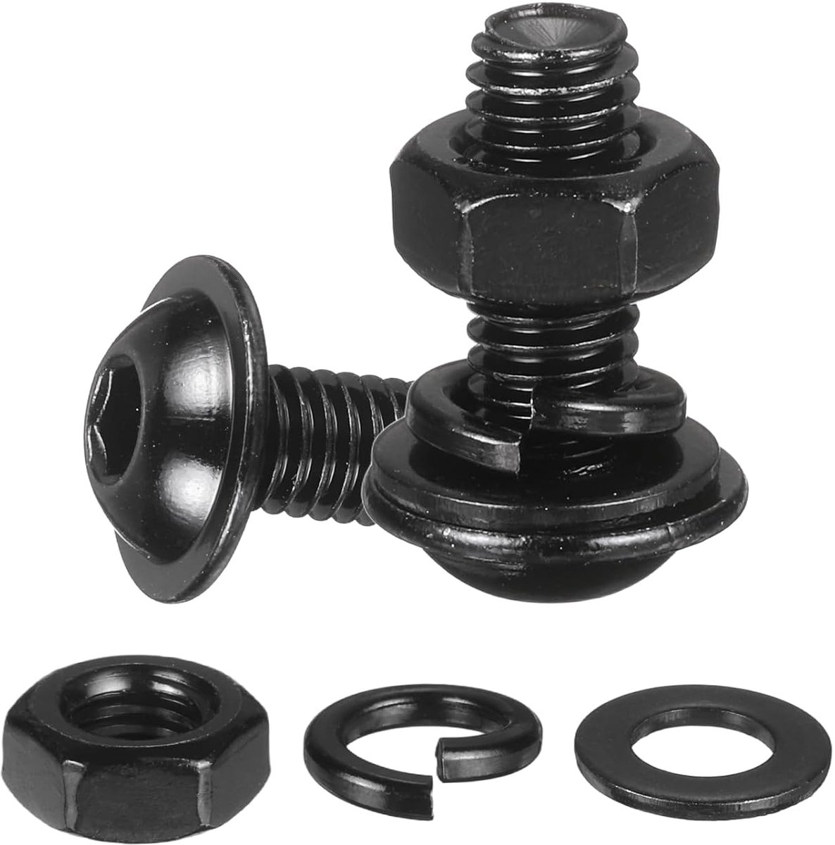 METERXITY 10 x knopschroeven met sluitring, M6 x 16 mm, roestvrij staal 304, zwart, 18-8 zeskantschroeven, moeren, platte en borgringen