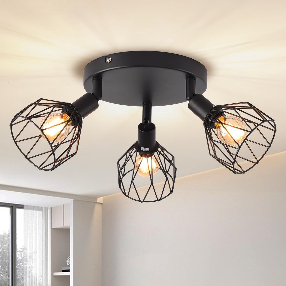 Plafondspot 3 lichtpunten, vintage plafondlamp zwart E14 draaibaar, Plafondspot zwart met ronde sokkel, Plafondspot, plafondlamp led, lamp woonkamer kinderkamer (zonder gloeilampen) EUC-EA