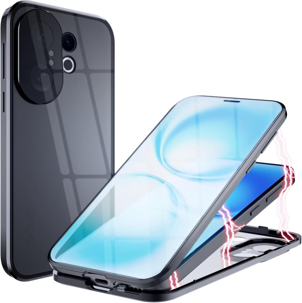 compatibel met Vivo X200 FE, magnetische adsorptie 360-bescherming, gehard glas, aluminium frame, schokbestendig, transparant, zwart