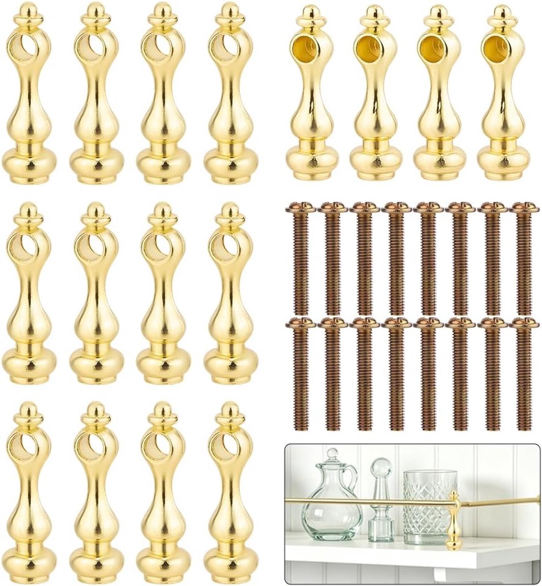 16 sets leuningsteunstangen, goudkleurig, railverbinders, rek, galerijrails van legering, voor planken, meubelverbinders, binnendiameter 6 mm, einddoppen
