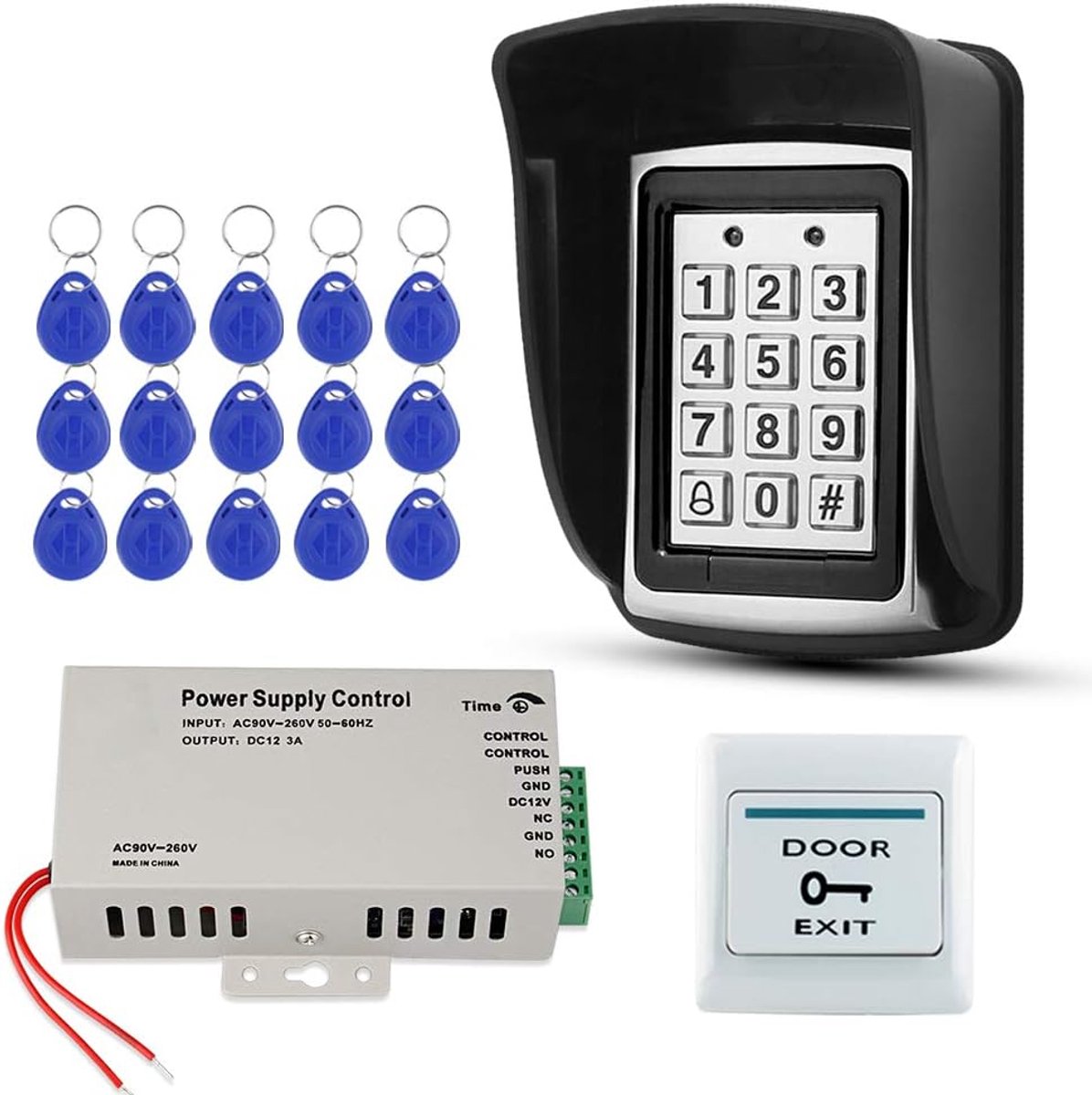 Kit voor waterdicht toegangscontrolesysteem voor buiten, RFID-toetsenbord, metaal + DC12V-voeding + deuruitgangknop + 15 stuks sleutelkaarten (zonder slot)