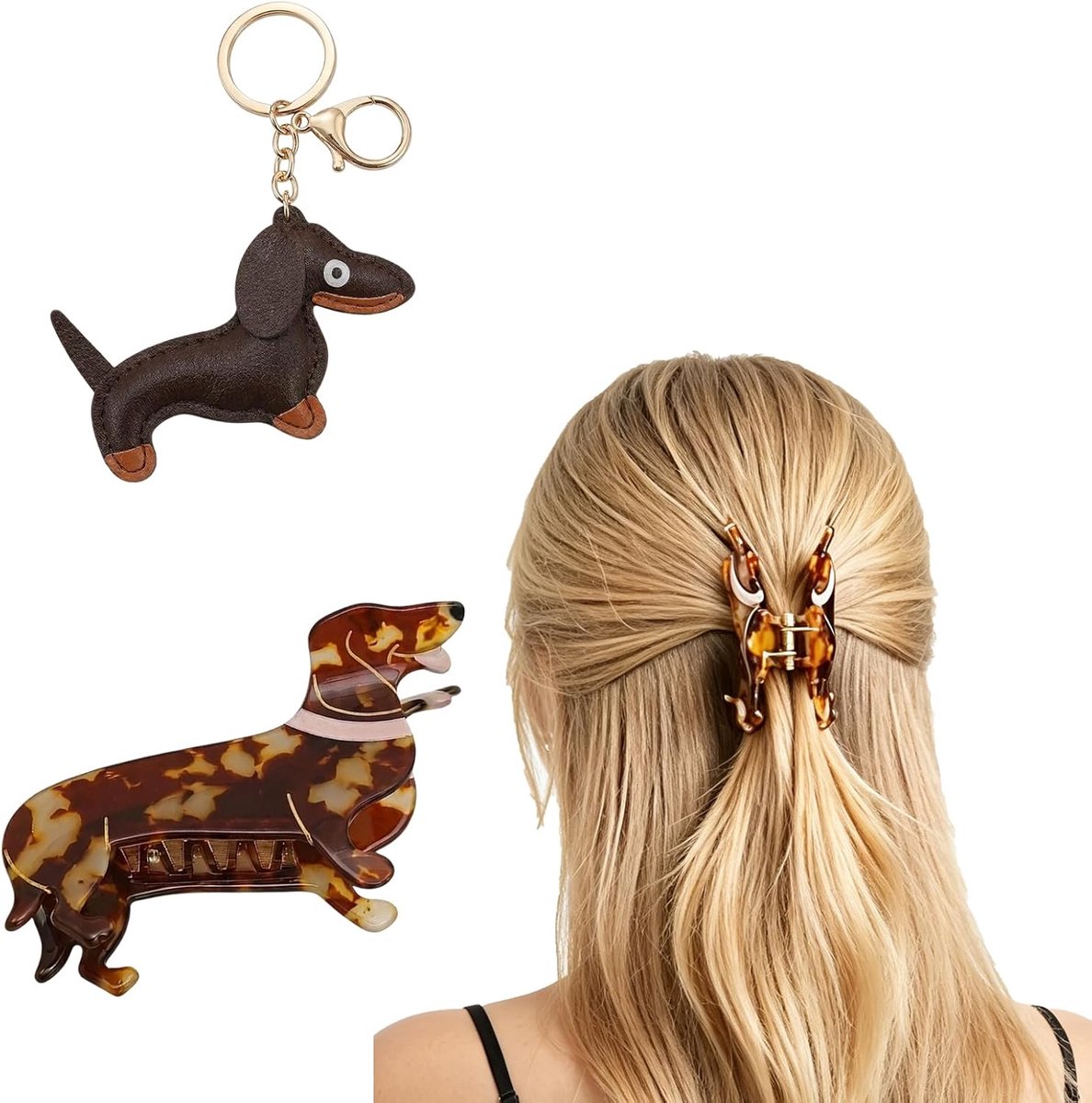 2-delige teckel haarclip sleutelhangerset met Weense Dog design voor dames, schattige haaraccessoires en tashanger van acryl voor teckelliefhebbers en decoratie