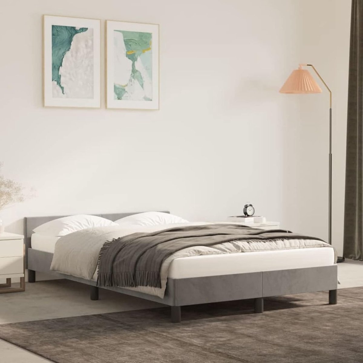 Bedframe met hoofdeinde, tweepersoonsbed, gestoffeerd bed, bedframe, slaapkamermeubels, lichtgrijs, 120 x 200 cm, fluweel