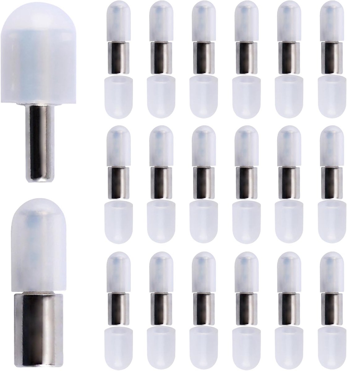 20 sets 3 mm zilveren planksteunpennen, verstelbare haringen met beschermende rubberen mouwen, vervangende cliphouders voor boekenplanken, boekenkasten, kasten en glazen houten planken