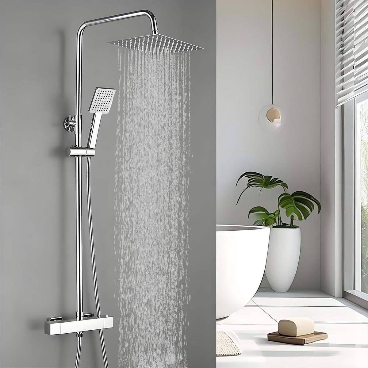Duschsysteem Met Thermostaat 38℃, RVS Doucheset | Vierkante Regendouche 250mm | Complete Douchekraan Set Incl. Handdouche & Verstelbare Douchestang 845-1180mm | Chroom