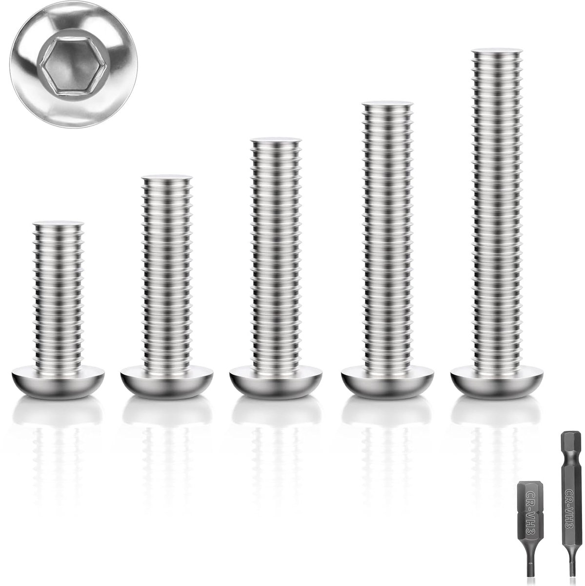 70 stuks schroeven, M5 x 12, lenskopschroeven, roestvrijstalen schroeven, platte kopschroeven, ronde kopschroeven, zeskantschroeven, verzonken kopschroeven, met 2 stuks H2.5 inbusbits (zilver)