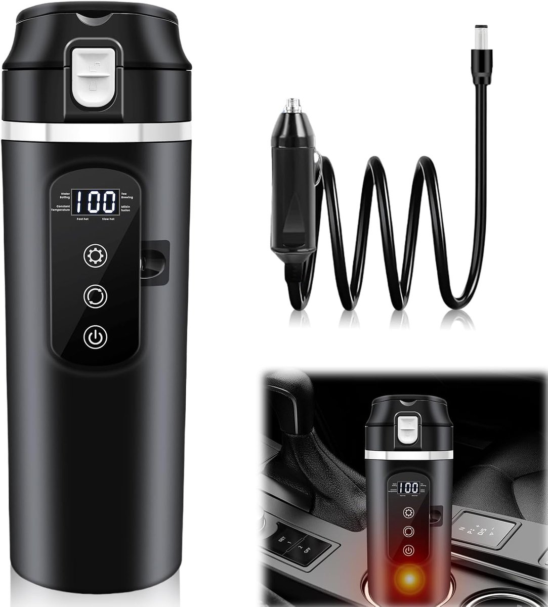 500 ml, 12 V/24 V waterkoker met lcd-display, 45-100 W, draagbare verwarming, reiswaterkoker met temperatuurinstelling, snelkookfles
