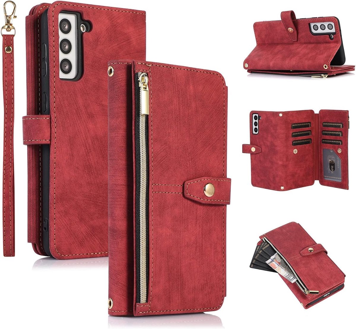 Hoes voor Samsung Galaxy S23 Plus, 9 kaartvakken, retro, lederen portemonnee, flip case met schouderriem, handlus, standfunctie, ritssluiting, magneetsluiting, portefeuille, retro wijnrood