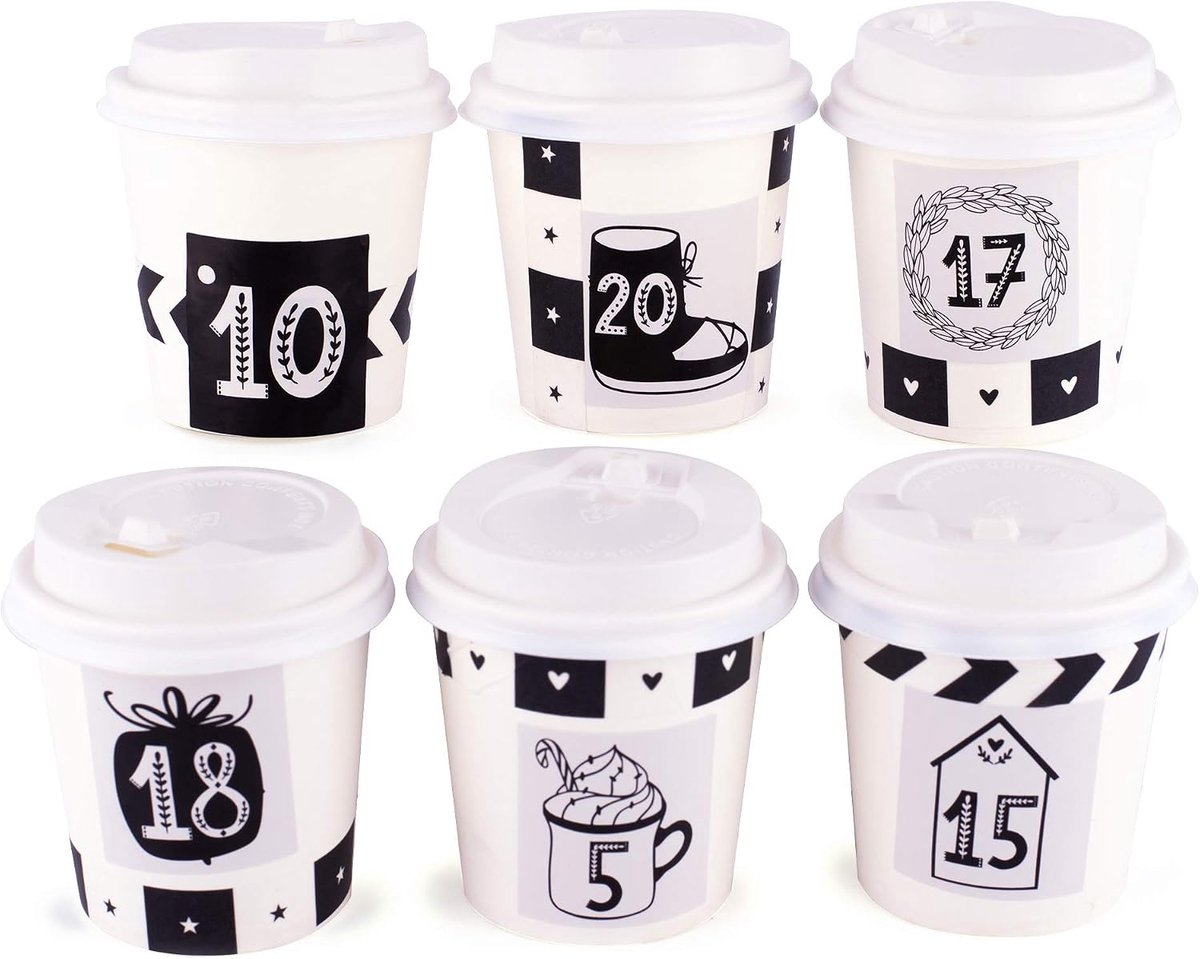 Adventskalender om te vullen cups zwart/wit 24 geschenkdozen bekers Kerstmis, kerstkalender DIY knutselset incl. adventsgetallen stickers en accessoires van pajoma