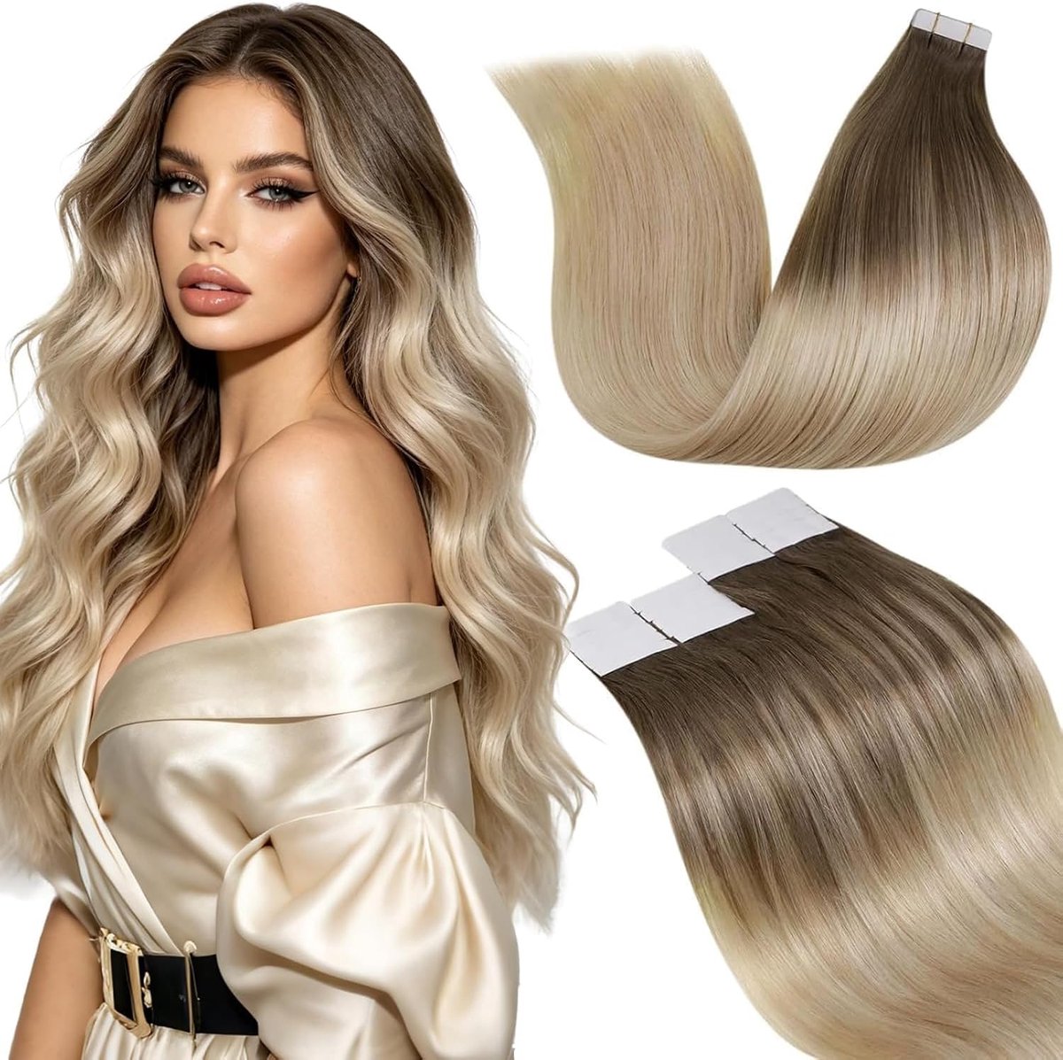 Tape in Hair Extensions Real Human Hair Balayage Lichtbruin tot Donkerblond en Wit Blond 60cm 20pcs 50g #8/18/60