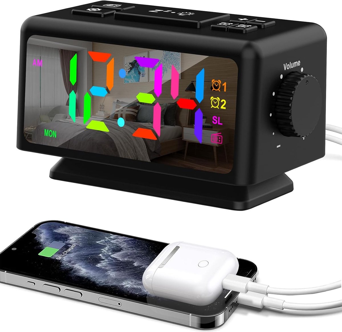 Digitale Wekker FM Radio Kleurrijke Wekker Bedside Digitale Klok voor Kinderen en Tieners Helderheid & Volume Instelbaar 2 USB-oplaadpoorten Zwart