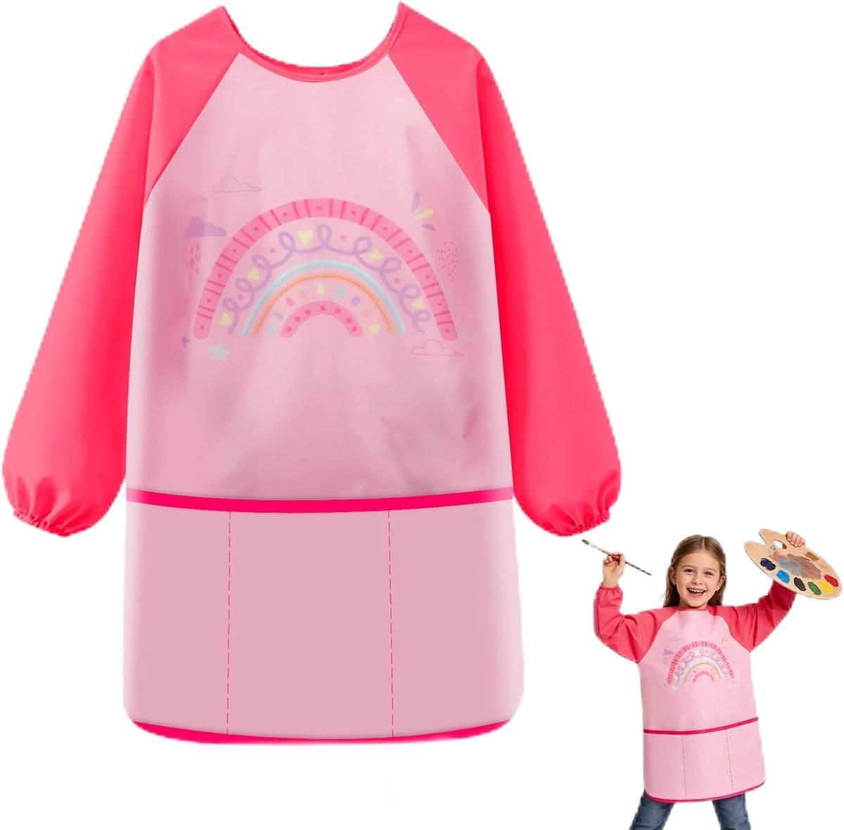 Schilderschort kinderen, schildersjas school 1e klasse, schildersjas knutselschort 6-12 jaar lange mouwen met klittenbandsluiting, 3 zakken schildersjas, lange mouwen, waterdicht