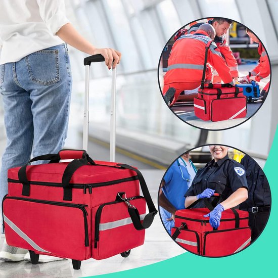 Medische tas met wielen met afneembare trolley, roltas voor verpleegkundigen met afneembare scheidingswanden, lege EHBO-tas voor artsen, EMS-professionals, rood — afbeelding 2