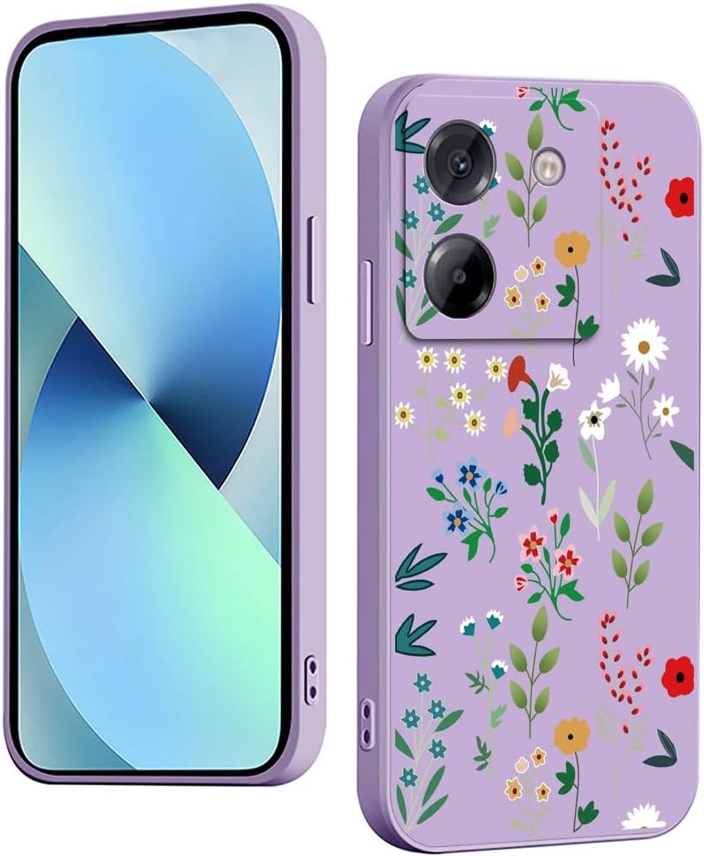 Siliconen hoesje voor Xiaomi Poco M7 Pro 5G, modieuze beschermhoes met schattig patroon, dun, duurzaam, schokbestendig, antislip siliconen hoes (bloemen, paars)