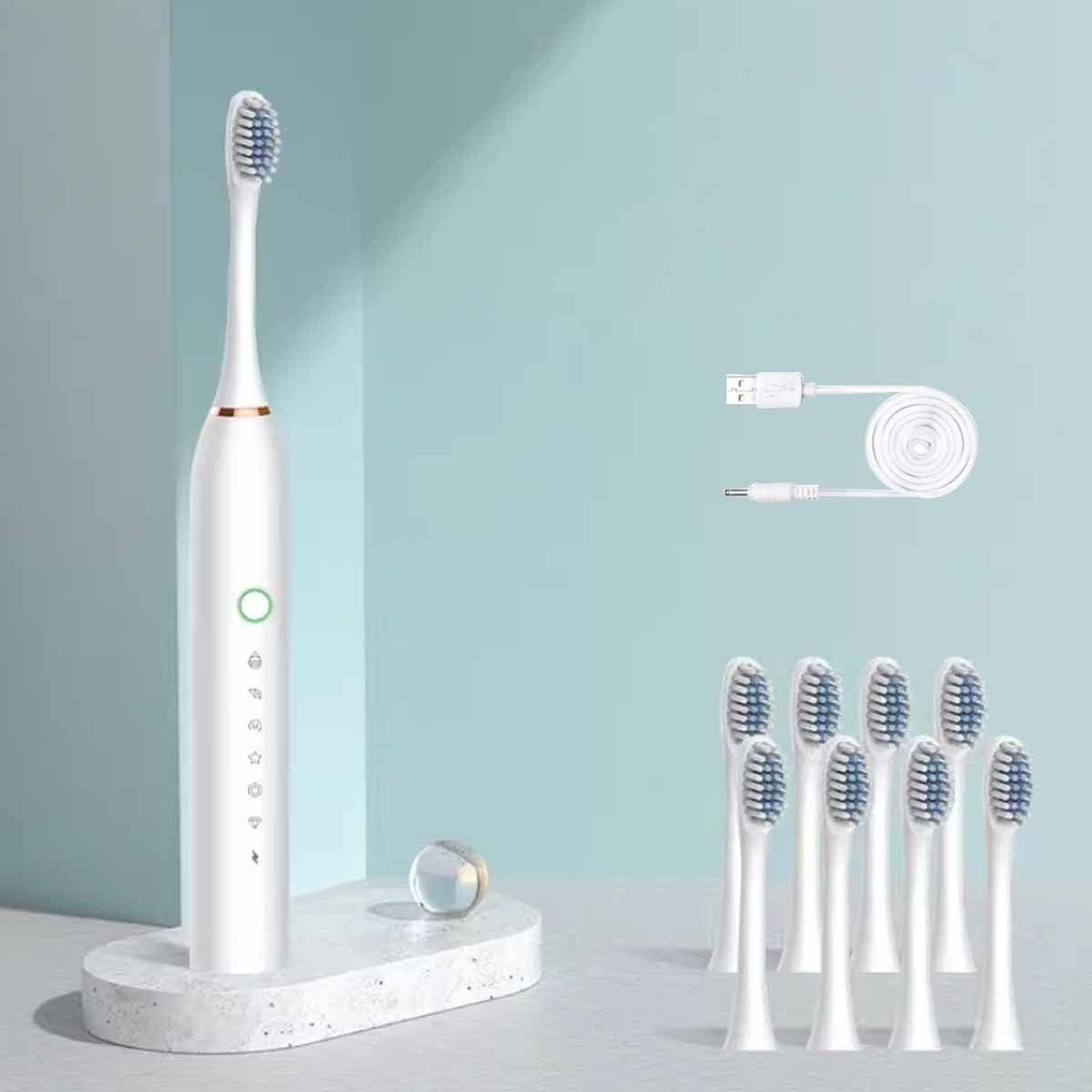 Elektrische Tandenborstel - Sonische Tandenborstel - Dagelijkse Mondhygiëne - 6 Reinigingsmodi - 8 Opzetborstels - Wit
