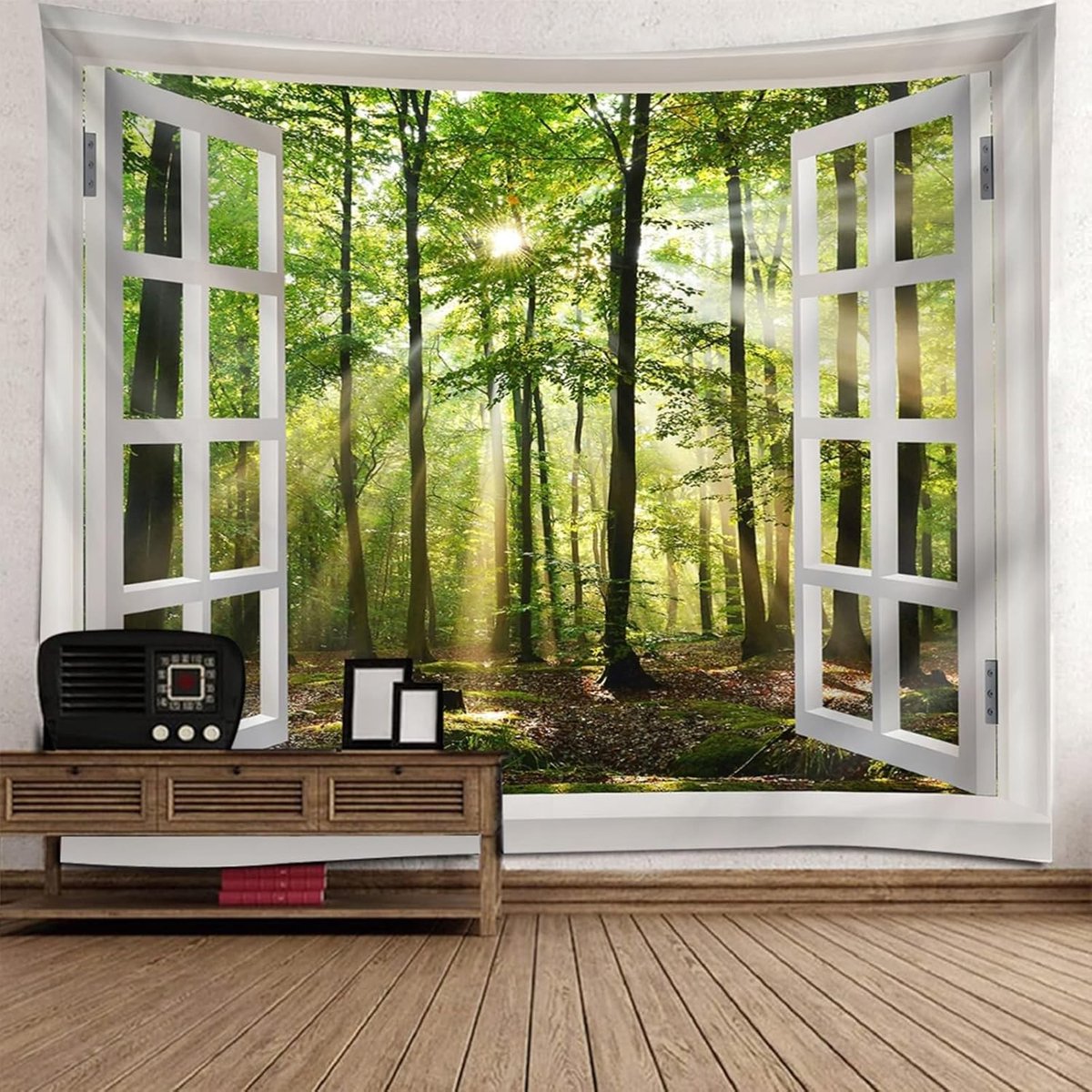 Wandtapijt XXL bos, wit raam met natuurlijk boslandschap, buiten, grote wanddecoratie voor slaapkamer, woonkamer, slaapzaal, 300 x 256 cm