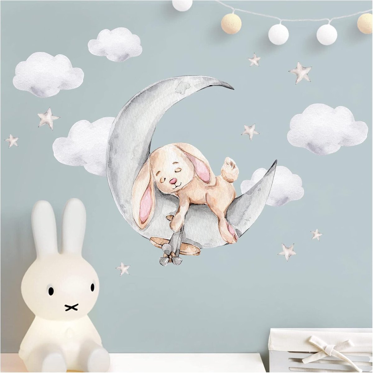 Deco Muursticker haas met maan, muursticker dieren, wolken, kinderkamer, babykamer, muursticker, slaapkamer, wanddecoratie, DL871-3