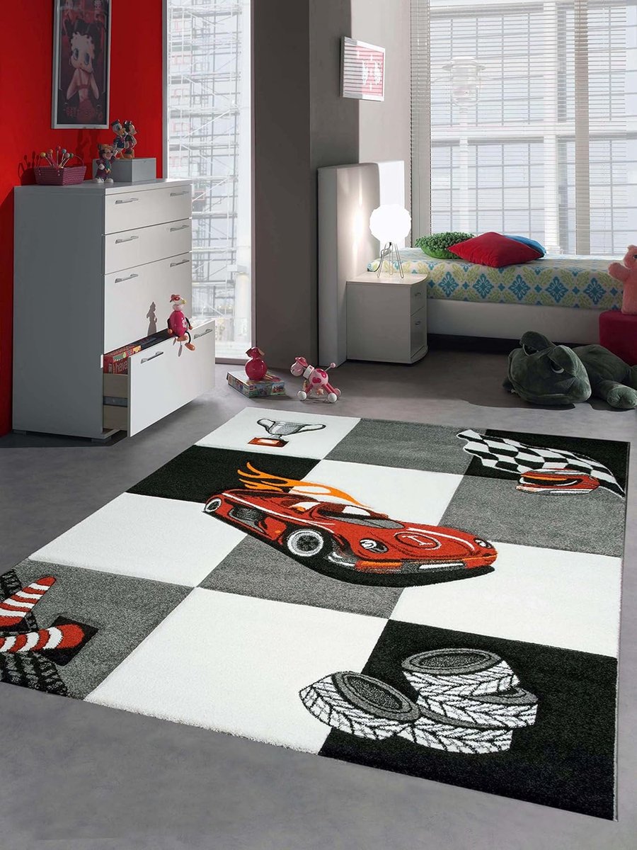 Tapijt kinderen racewagen rood zwart maat 120 cm rond