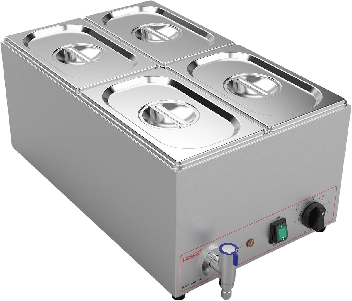 Commerciële roestvrijstalen 4-delige 15 liter bain-marie voedselverwarmer buffetserver met deksel en kraan voor thuis, catering, restaurants | Buffetserver met deksel en kraan voor thuis, catering, restaurants