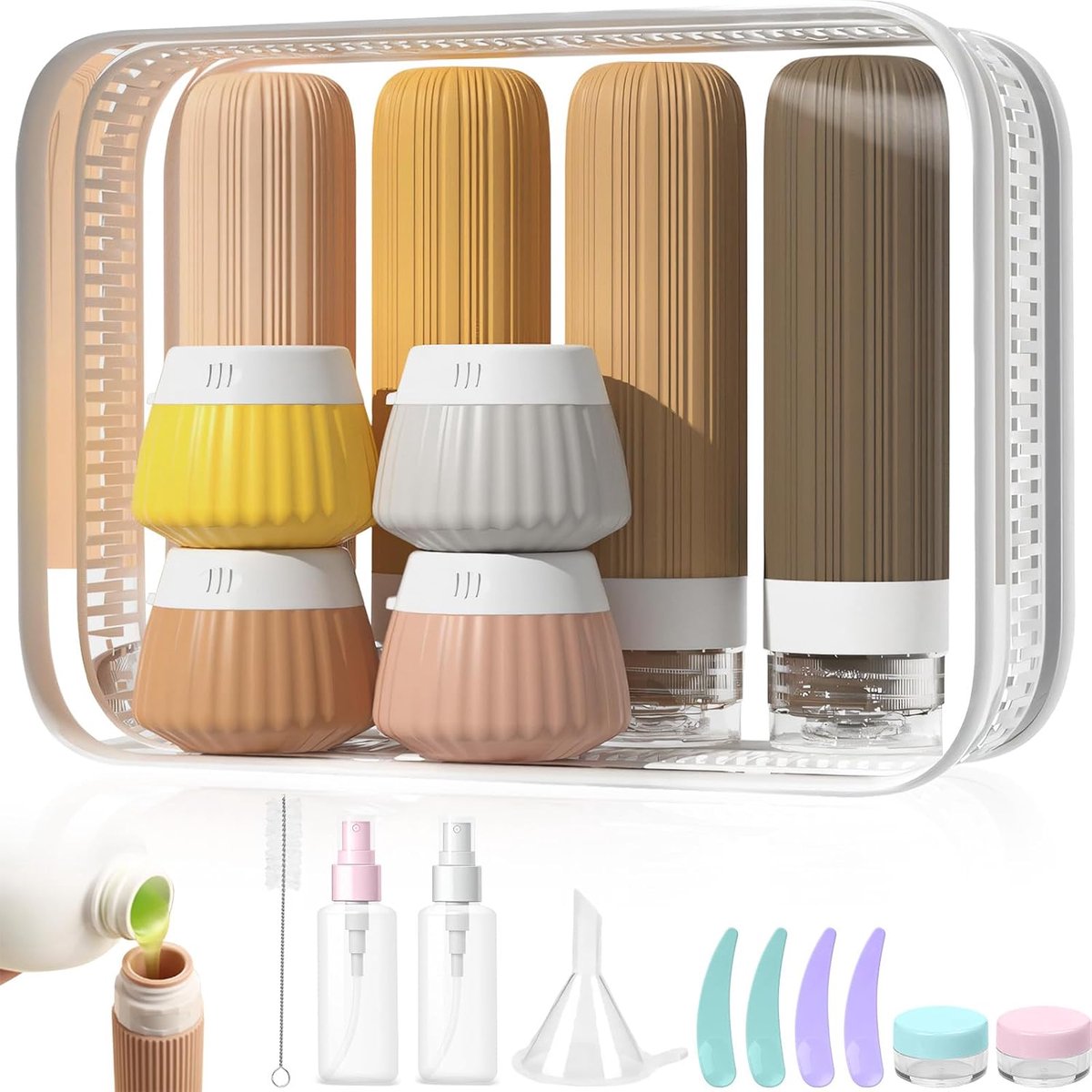 18-delige reisset, herbruikbaar, met opbergtas, reiscontainer om te vullen, 30/90 ml, siliconen flesje voor het vullen van cosmetica, toiletartikelen en andere vloeistoffen