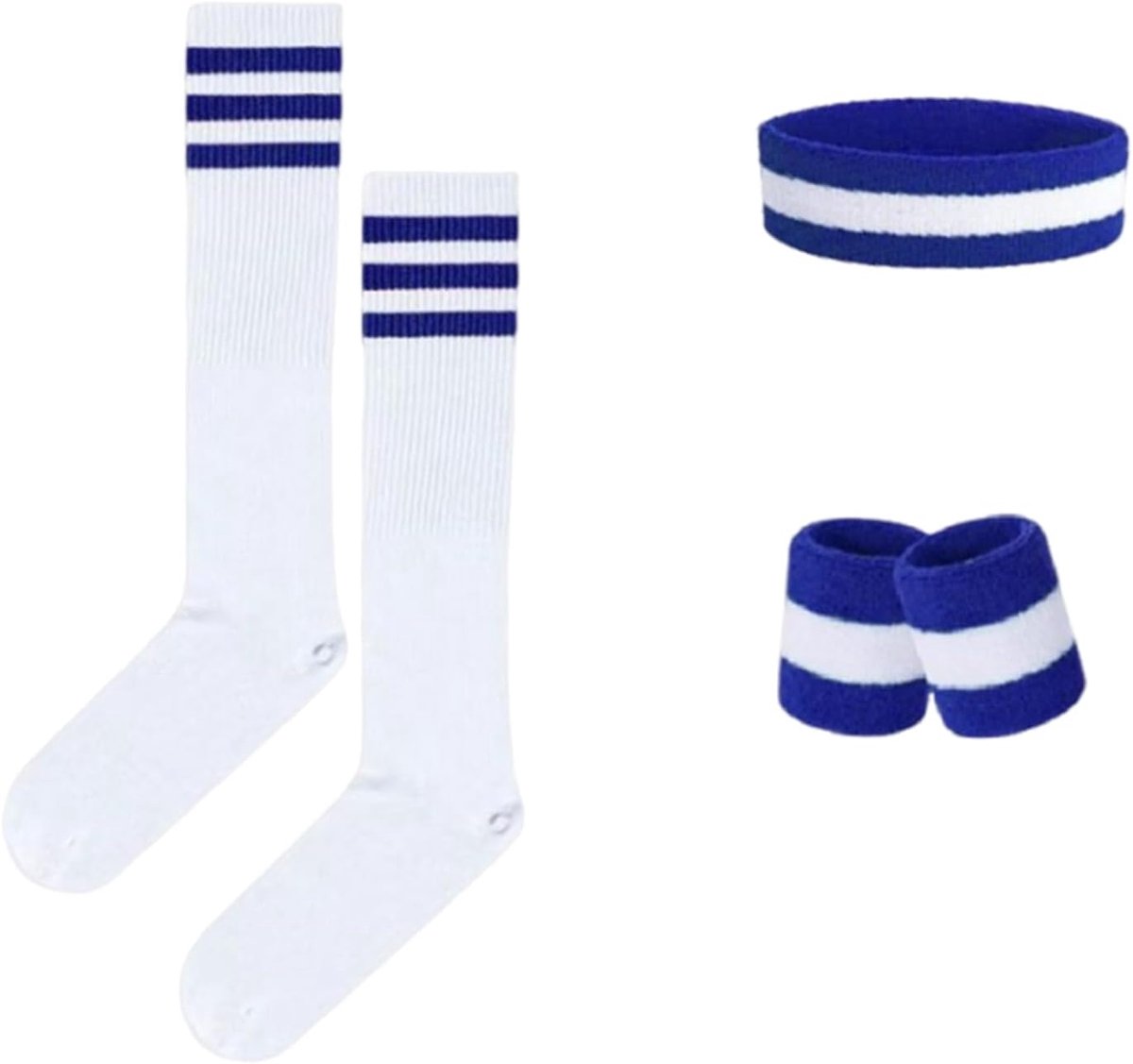 Zweetband en sokken, jaren 80 en 90, zweetband, gestreepte hoofdband, armband, gestreepte hoge sokken voor dames en heren, sport, hardlopen, fietsen, carnaval, kostuums, feest