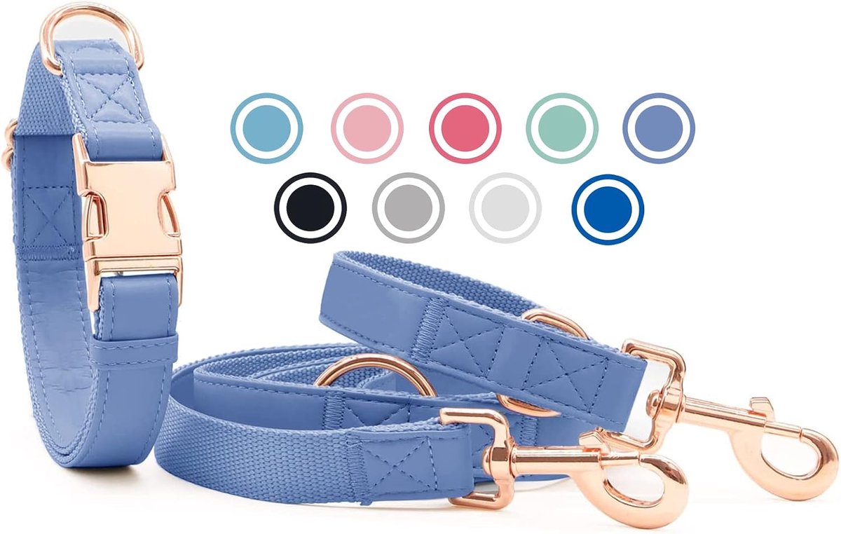 lederen hondenhalsband en riem (2 m) set - 3-voudig verstelbare hondenriem met halsband, stijlvolle roségouden metalen gesp & nylon hondenriem voor puppy's kleine middelgrote honden paars, S