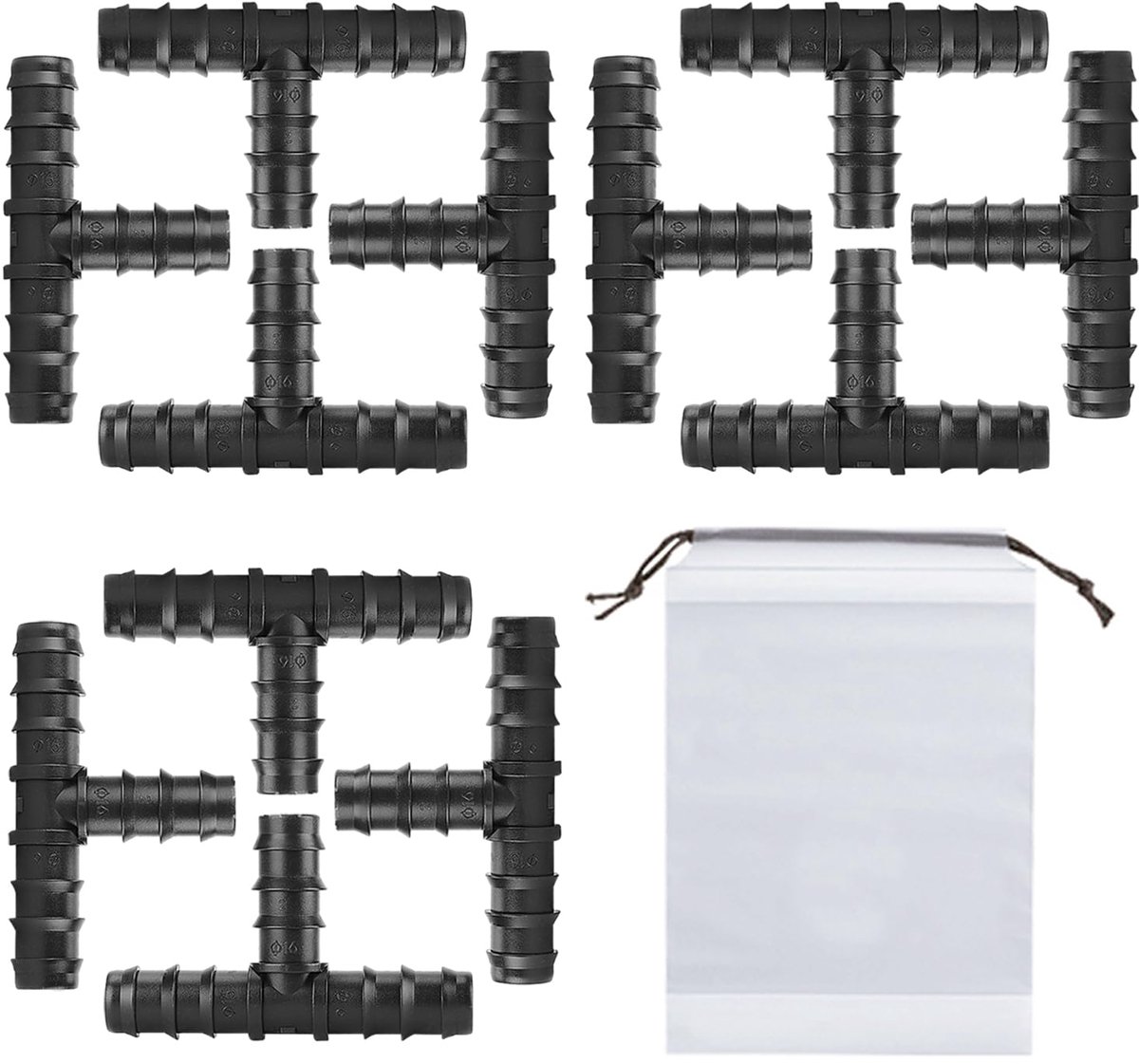 12-delige 3-weg slangconnector met 1-delige doorzichtige tas met trekkoord, slangconnector, T-connector, irrigatiesysteemaccessoires, geschikt voor landbouwland, tuin (zwart)