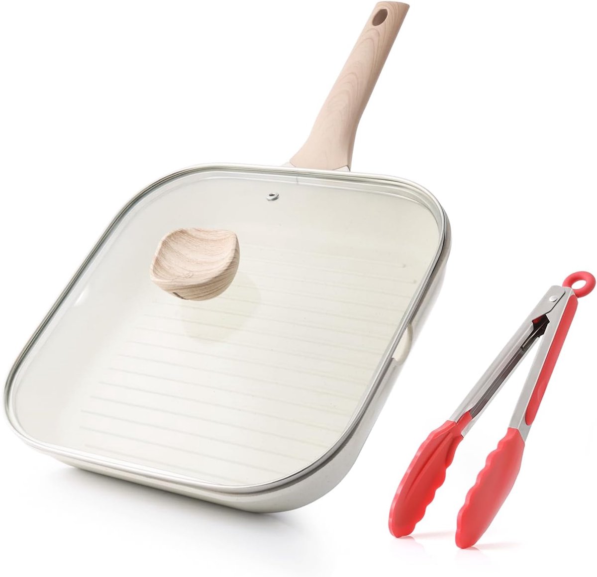 Antiaanbak Grillpan met Deksel voor Kookplaten, 28 cm Vierkante Grillpan voor Binnengebruik, Koekenpan met Gezonde Coating en Schenktuiten, Geschikt voor Inductie, PFOA-vrij, Wit