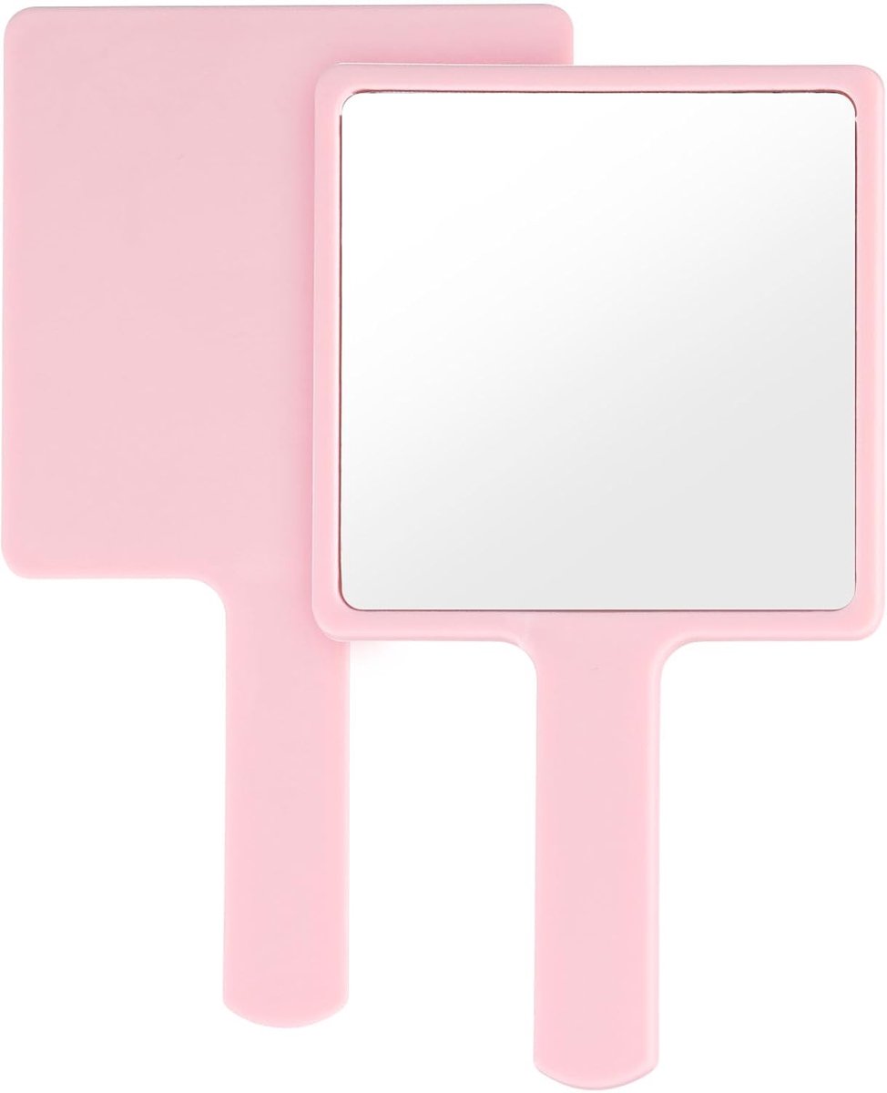 Handspiegel, make-upspiegel, vierkante vorm, professionele handspiegel met handvat, kappers, scheerspiegel, cosmeticaspiegel, vierkante zakspiegel voor handheld, thuis, op reis (roze)