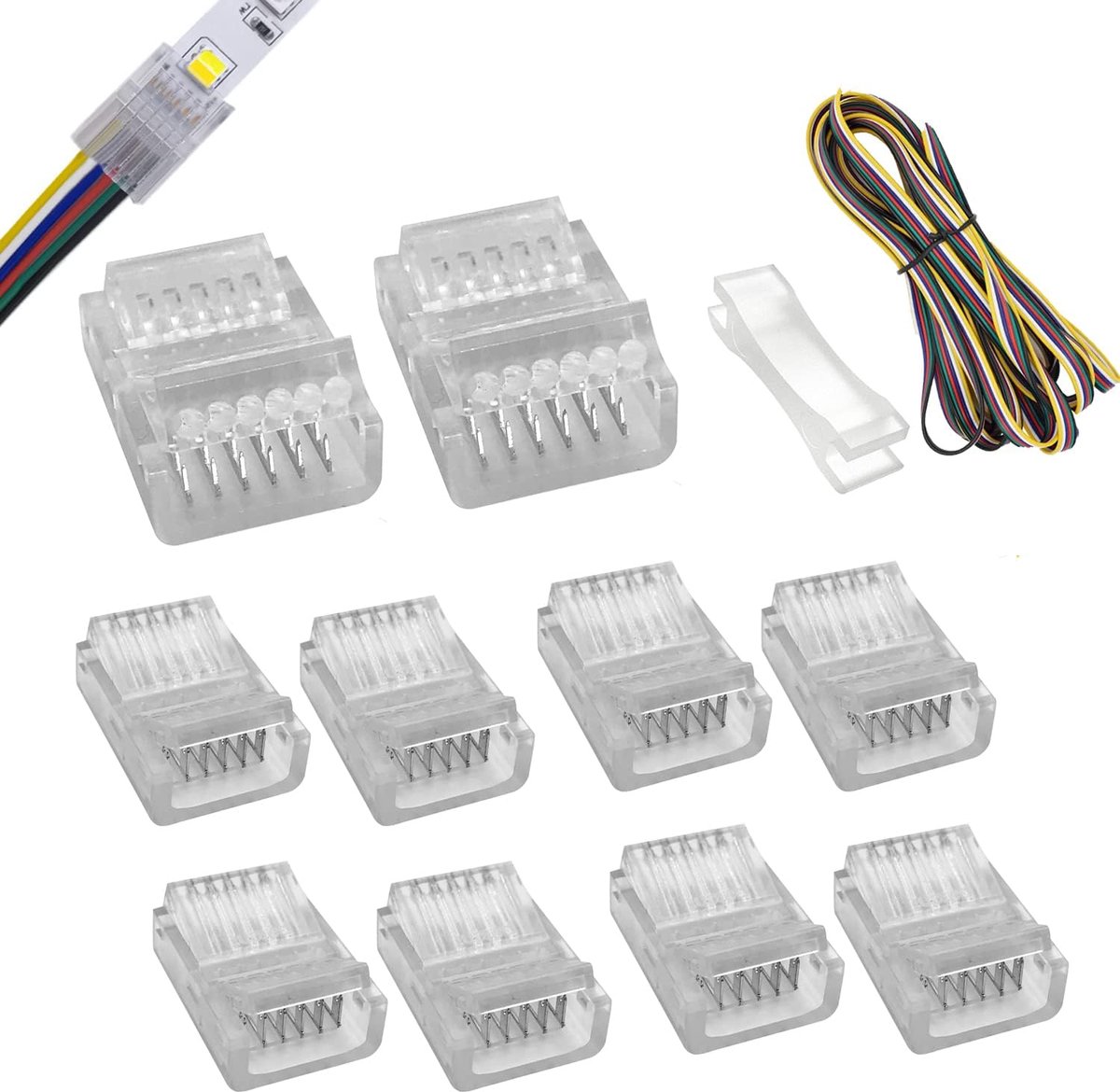 6-pins LED-connector 12 mm breed Onbedraad Naadloos Soldeerloos Strip naar Draad Snelle Connectors Adapter Met 5m Verlengsnoer voor Waterdichte of Niet-Waterdichte RGB WW of RGB+CCT