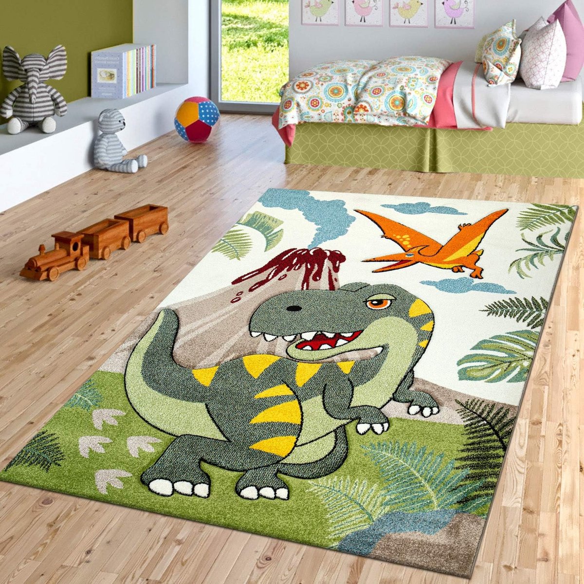 Home vloerkleed voor in de kinderkamer groen dinosaurus jungle vulkaan 3D-effect laagpolig, Maat:120x170 cm