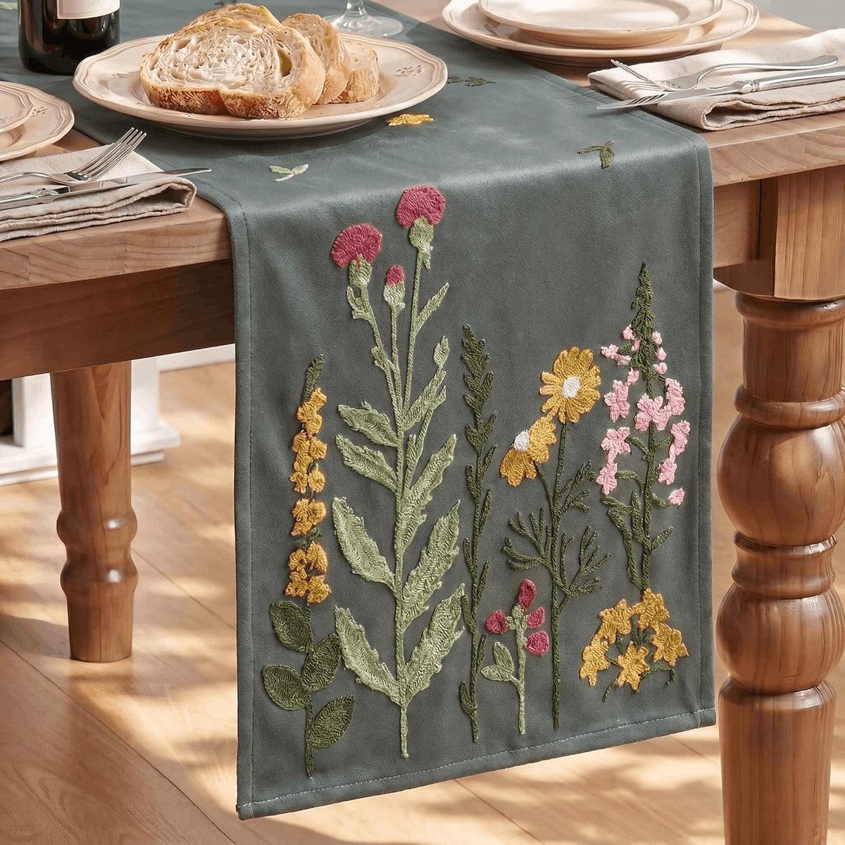Mode Grijs zacht kettingborduurwerk wilde bloemen tafelloper 33 x 183 cm, huis woonkamer tafel decoratie binnen vakantie party decor