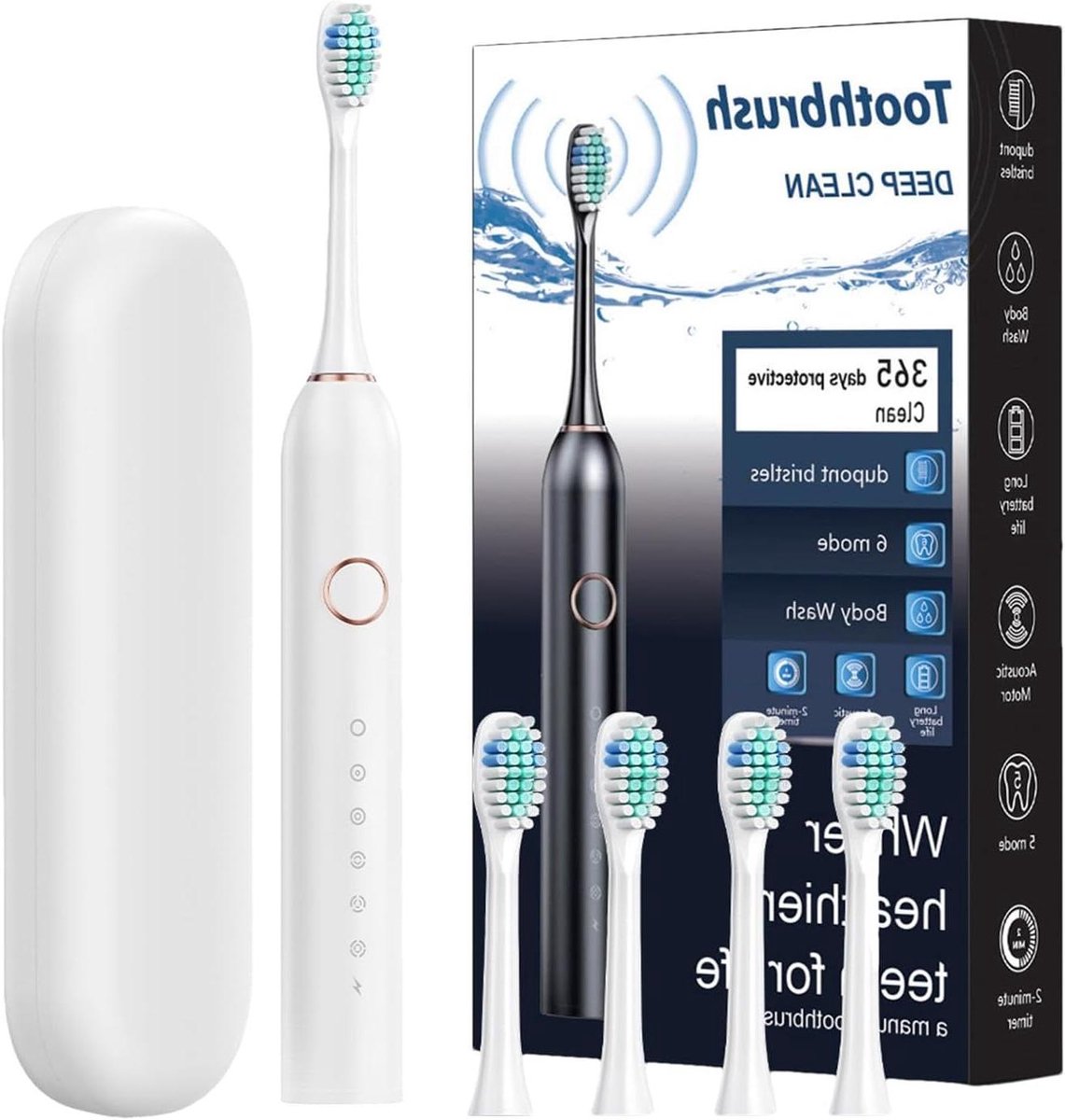 Elektrische Tandenborstel - Sonische Tandenborstel - Mondhygiëne Verbeteren - 40000 VPM Diepe Reiniging - 180 Dagen Gebruik - Zwart