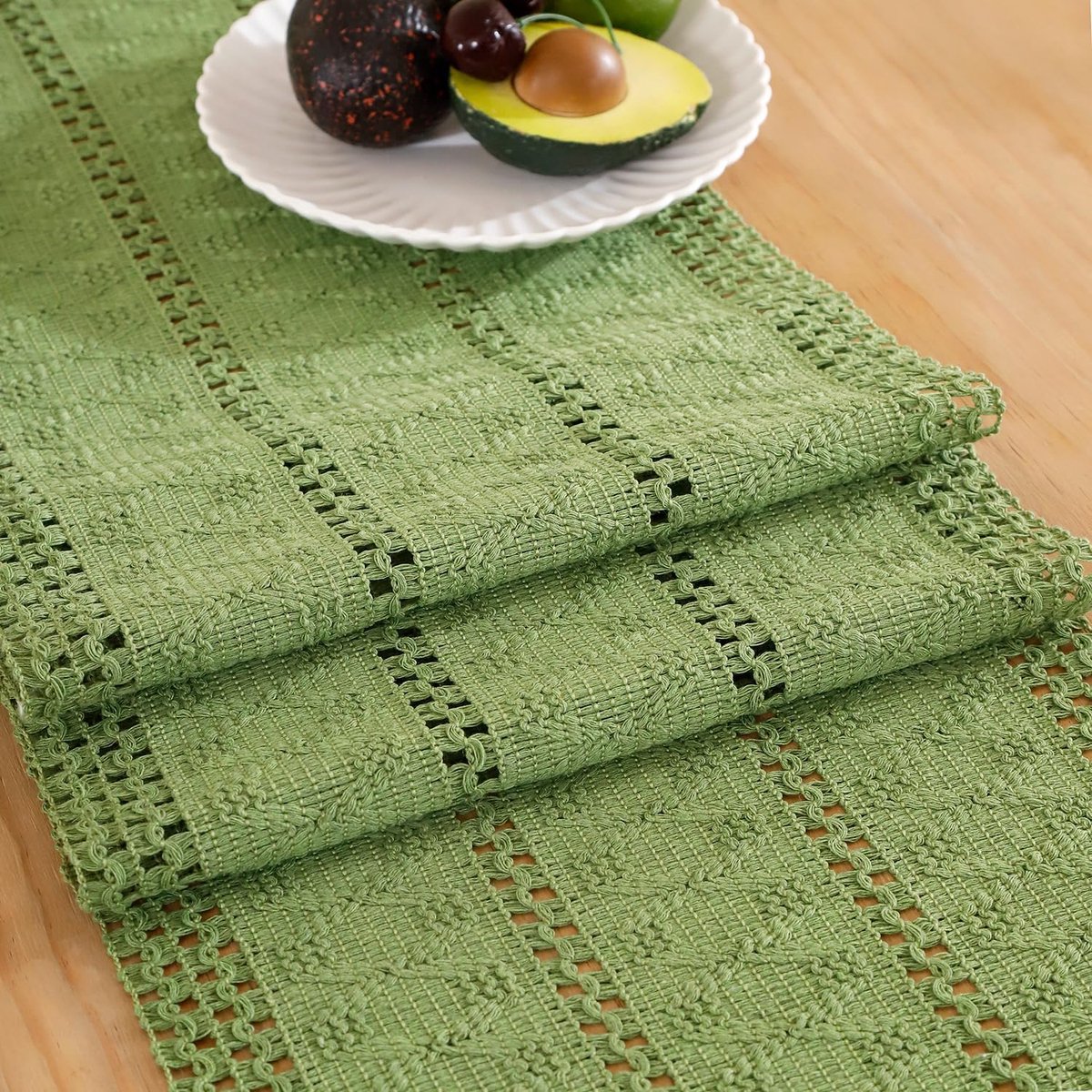 Tafelloper, modern, retro boheemse deken, rechthoekig, katoen, linnen, wasbaar, rustiek, boerderij, macramé, tafelloper, decoratie voor keuken, feest, verjaardag, 30 x 183 cm, saliegroen
