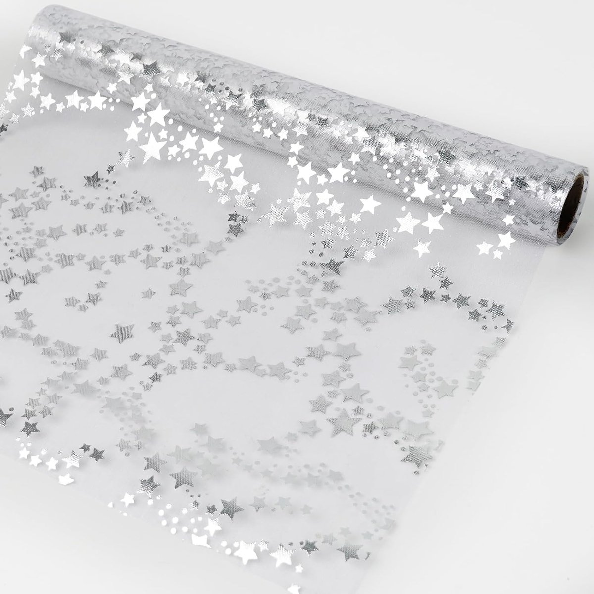Tafelloper met sterren, tafelband, transparant zilver, 28 cm x 5 m, organza tafelband, voor Kerstmis, verjaardagen, adventstijd, geschenk, doe-het-zelf