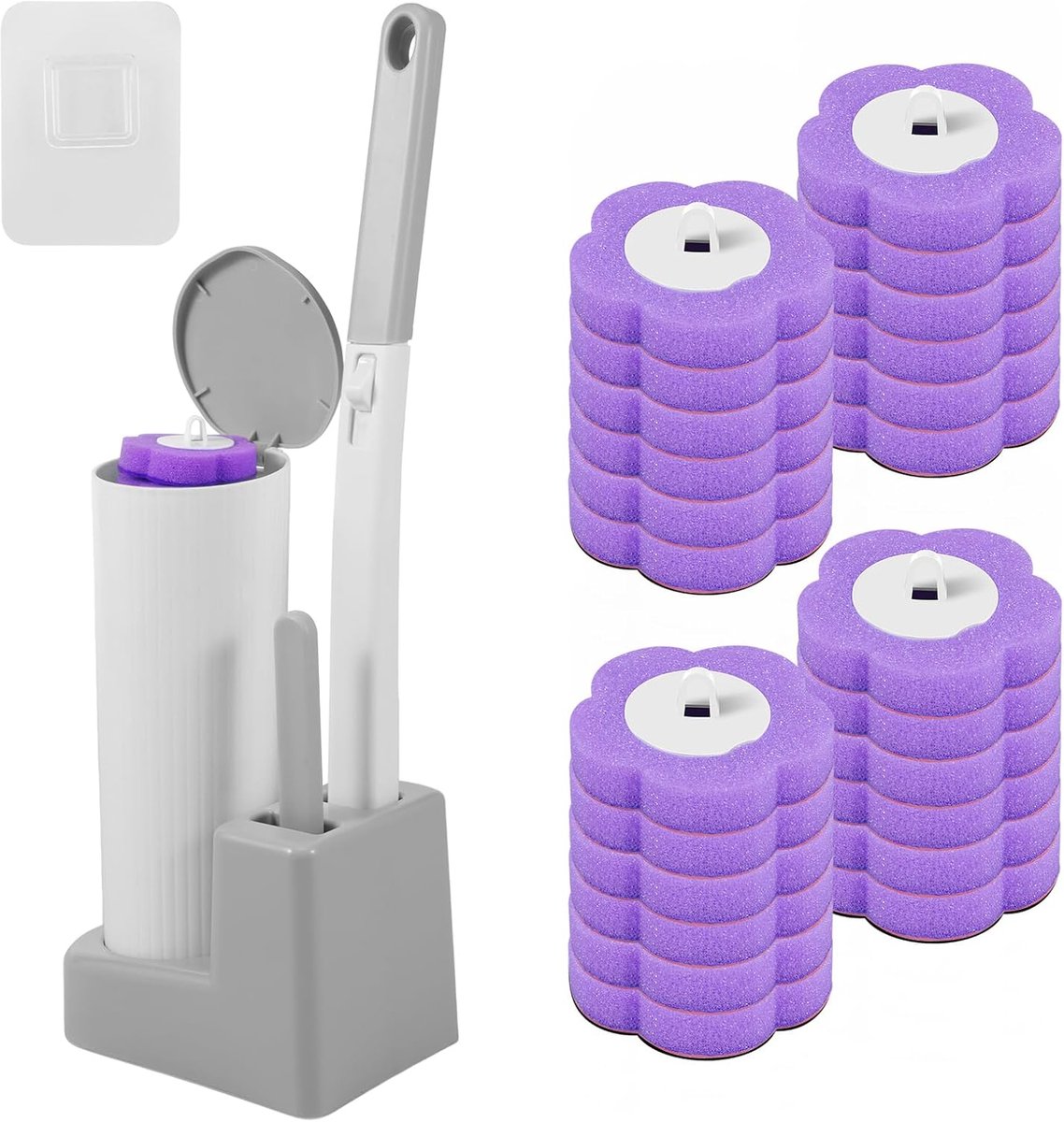 toiletborstel, wegwerp toiletborstel met toiletstaaf, vervangende koppen, toiletstaaf, wc-borstel met reinigingsmiddel, reiniger, navullingen, spons (grijs + 24 (paars))