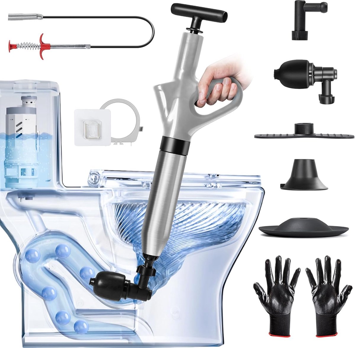 Perslucht, afvoerreiniger, pomp met luchtdrukweergave, perslucht, buisreinigingspomp met 4 zuignappen, handschoenen en klauwgrijper, afvoerreiniger, voor toilet, toilet, badkamer, douche