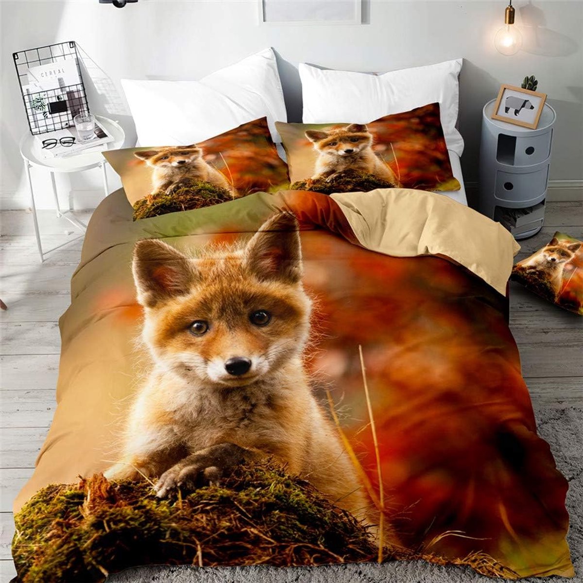 Vos Dekbedovertrek beddengoedset, 2-delig, 135 x 200 cm, 3D-dierenprint, bruin, beddengoedset voor meisjes en jongens, kinderen, luxe microvezel, zacht dekbedovertrek met ritssluiting en