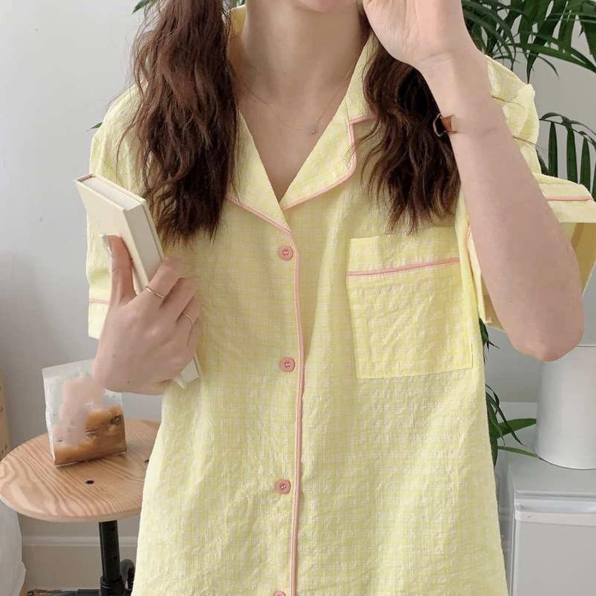 Pyjama Set Met V-Hals - Zomer Koel Geruit Nachtkleding Set Korte Mouw Shorts Homewear, Modieus Contrasterende Kleur Vest Loungewear Casual Comfortabele Homewear Set,Geel,Één Maat