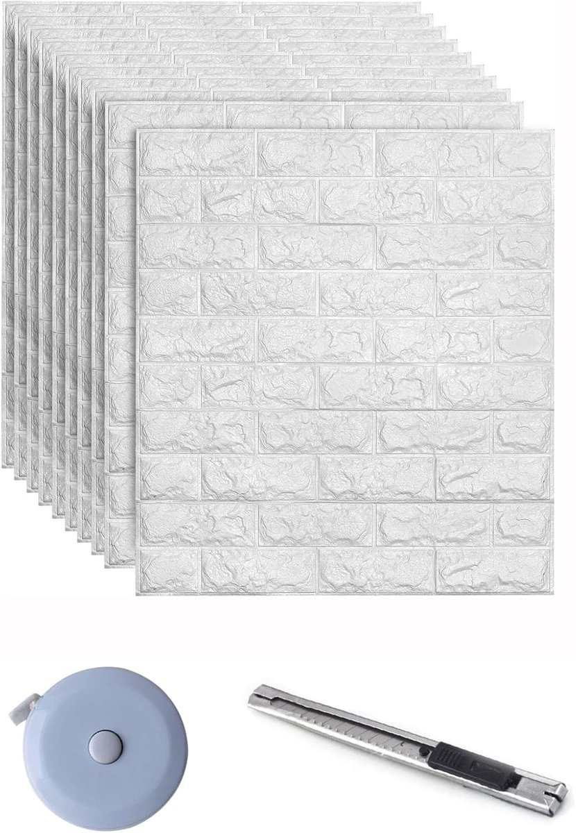 Behang Wandpanelen Zelfklevend, Wit, Muursticker, Behang, Baksteen, Pakket van 10, 35 x 38,5 cm, 1,3 m²/14,5 ft²