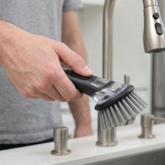 Spoelborstel met vervangende borstelkoppen, spoelborstel met afwasmiddel dispenser, stijve borstelharen, sterke vlekverwijdering, vulbaar, zachte handgreep, grijs (6) — afbeelding 3