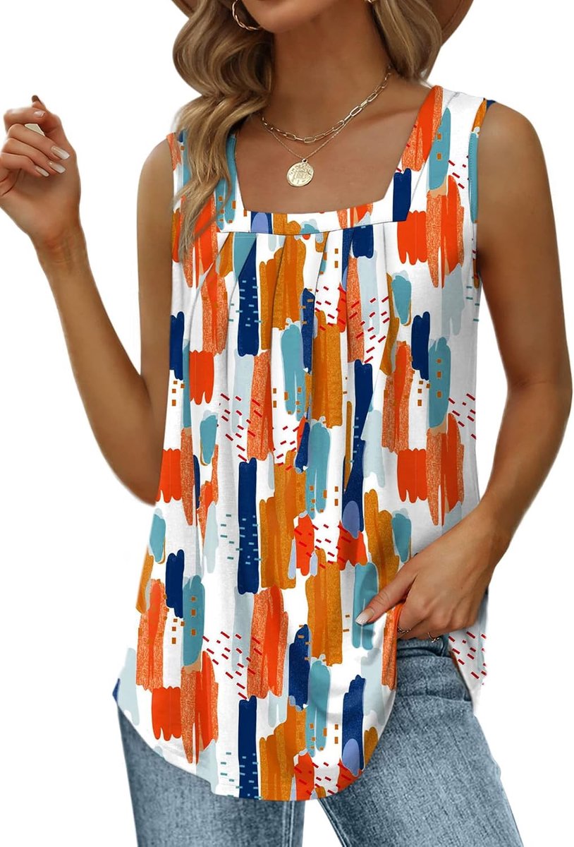 Tanktop voor dames, trendy mouwloos T-shirt, elegante zomertop met vierkante halslijn en plooien, losvallend model