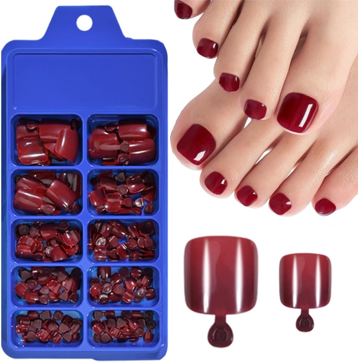 100 stuks rode opdrukbare teennagels, kunstteennagels met kleefstrips, rode kunstteennagels voor het opdrukken en opplakken van teennagels